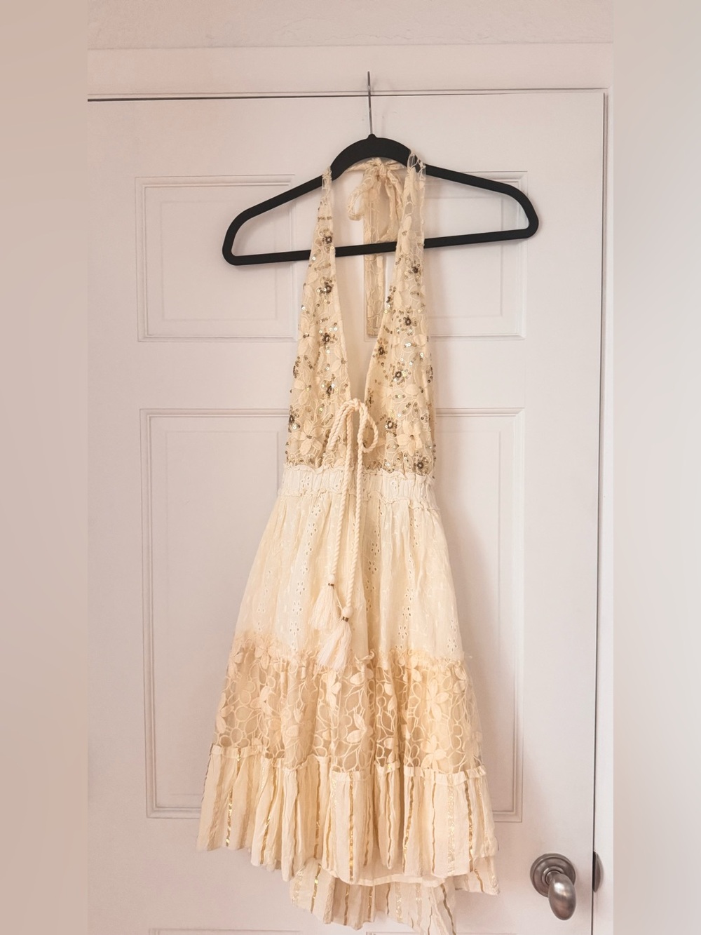Cream Sequin Halter Mini Dress